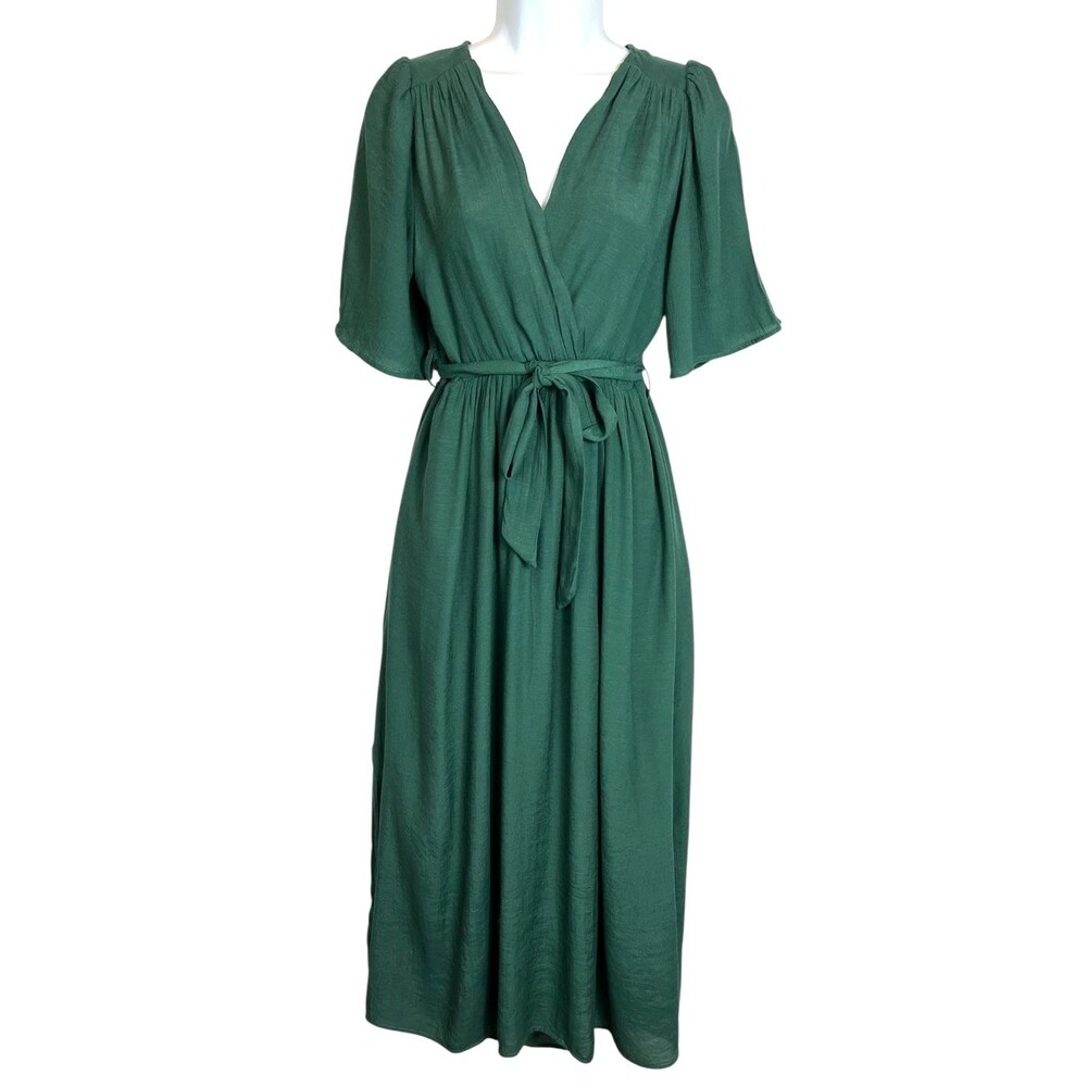 Hoya Paris Green Suplice Front Belted Viscose Midi Dress Size S Boho Beach